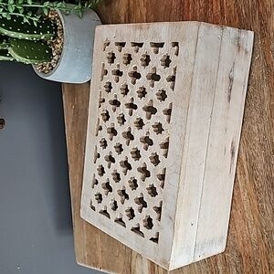 Mela artisans india carved cut down wood box face trade